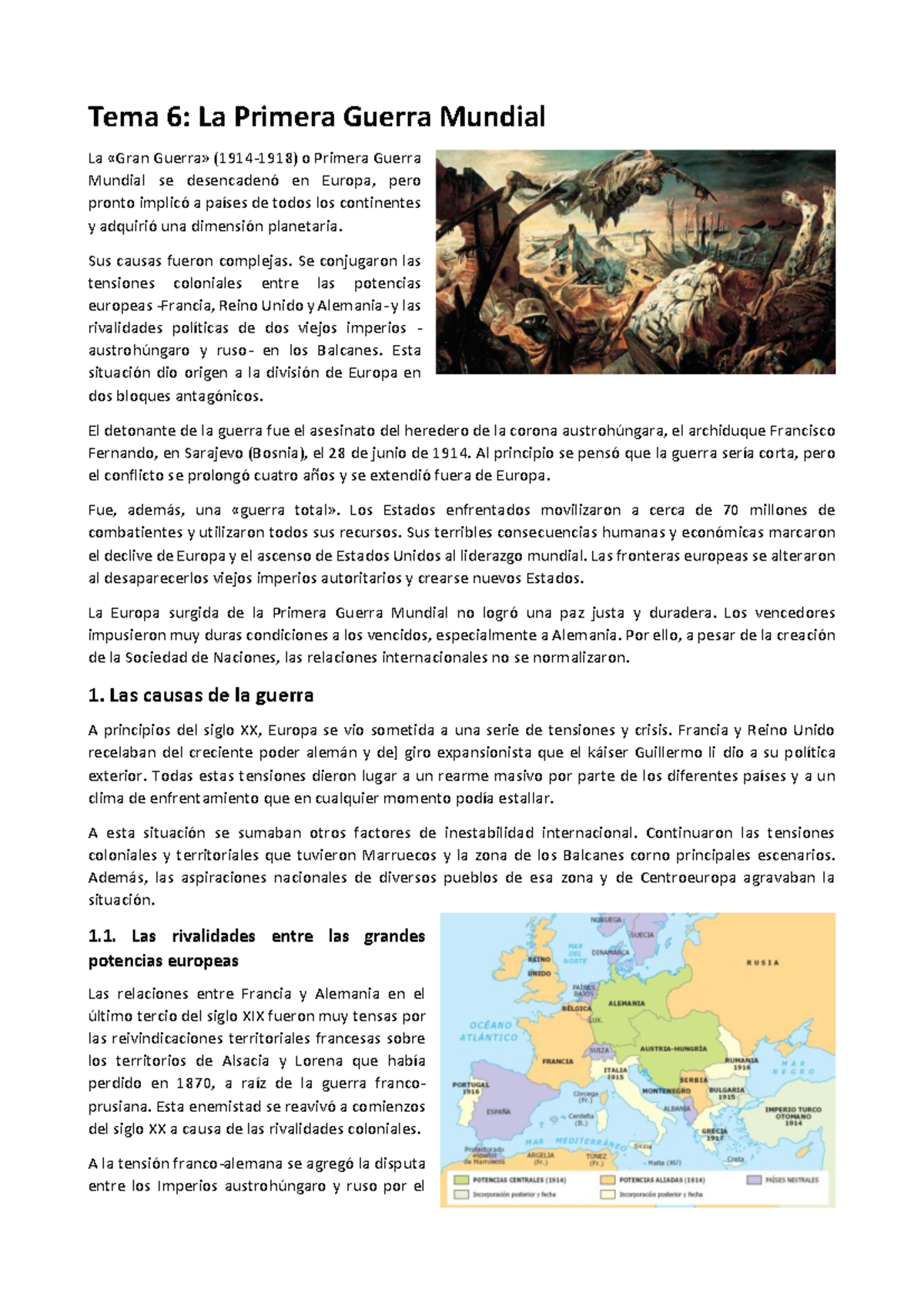 Tema 6: Causas y Consecuencias de la Primera Guerra Mundial - Studocu