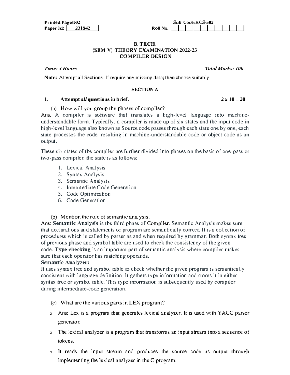 KIT502 22-23 Compiler Design Theory Exam Notes - Studocu