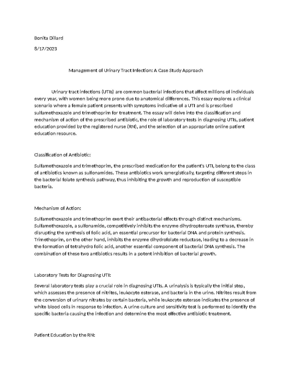 Case Study: Management of Urinary Tract Infection (UTI) in Pharmacology ...