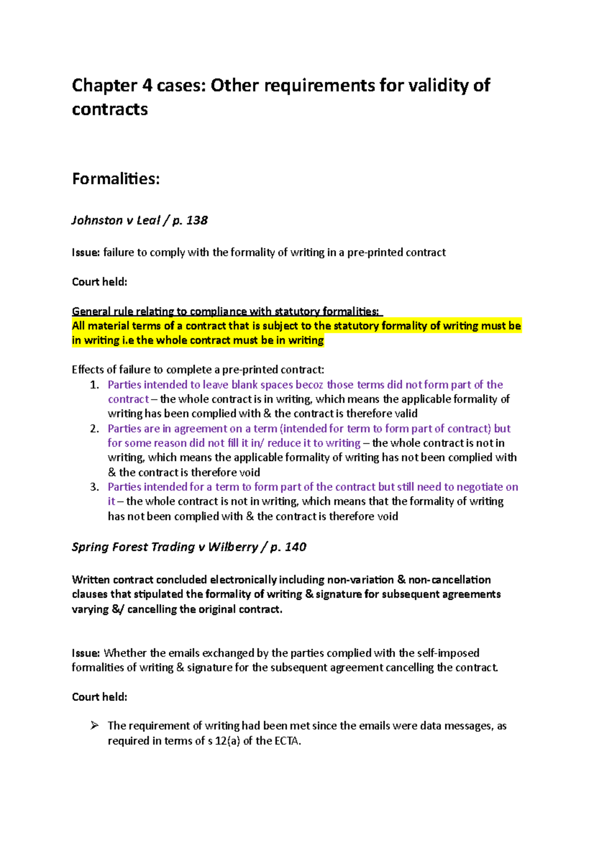 Chapter 4: Case Law on Contract Validity and Formalities - Studocu