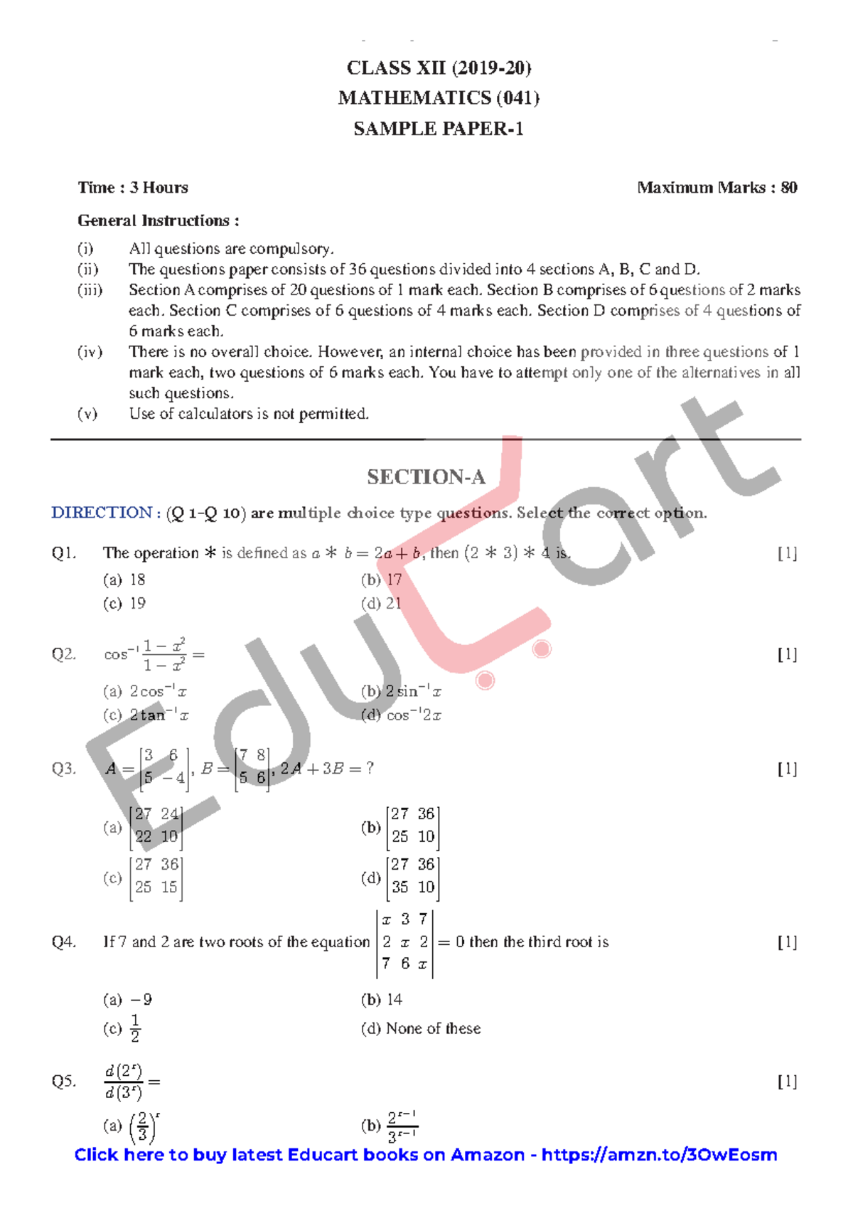 12th Mathematics - Unsolved SQP 1 - Mathematics XII Sample Paper 1 ...