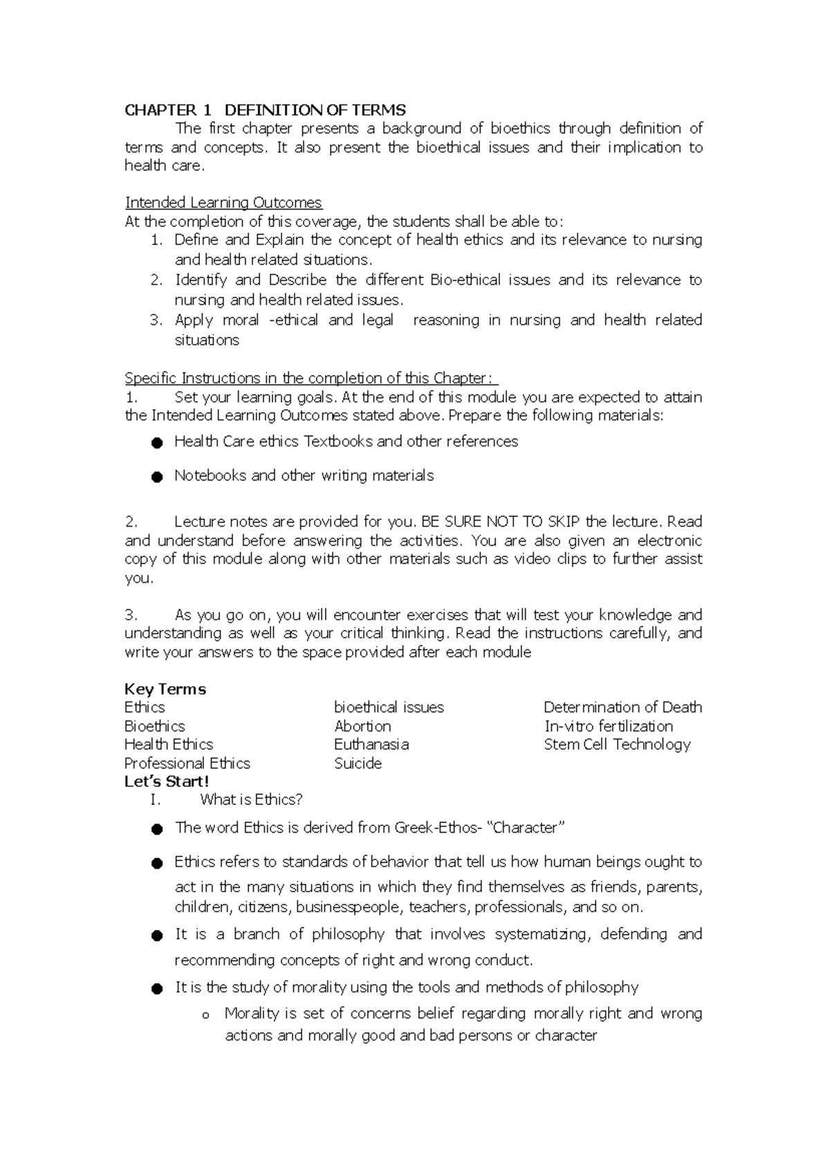 Bioethics Prelim Notes: Key Concepts and Ethical Issues (Ch 1 & 2 ...