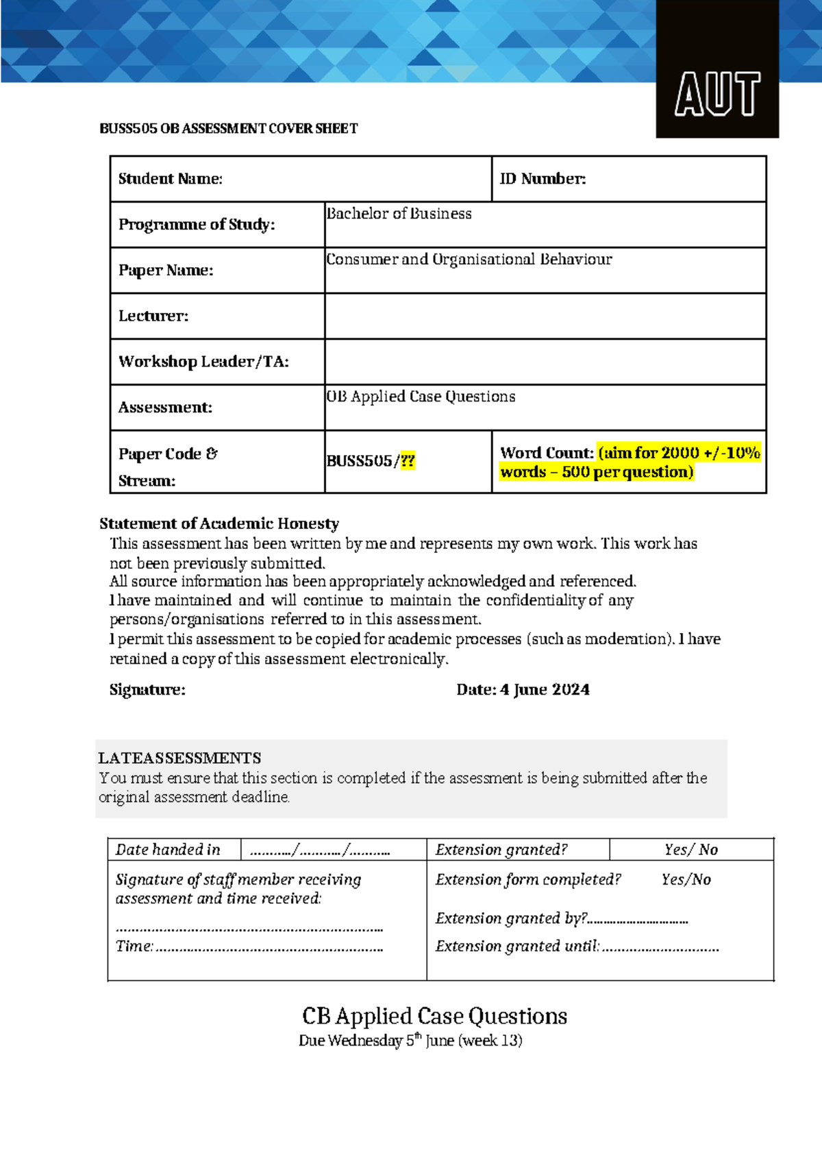 COB CB Student Template S1 2024-2 - BUSS505 OB ASSESSMENT COVER SHEET ...