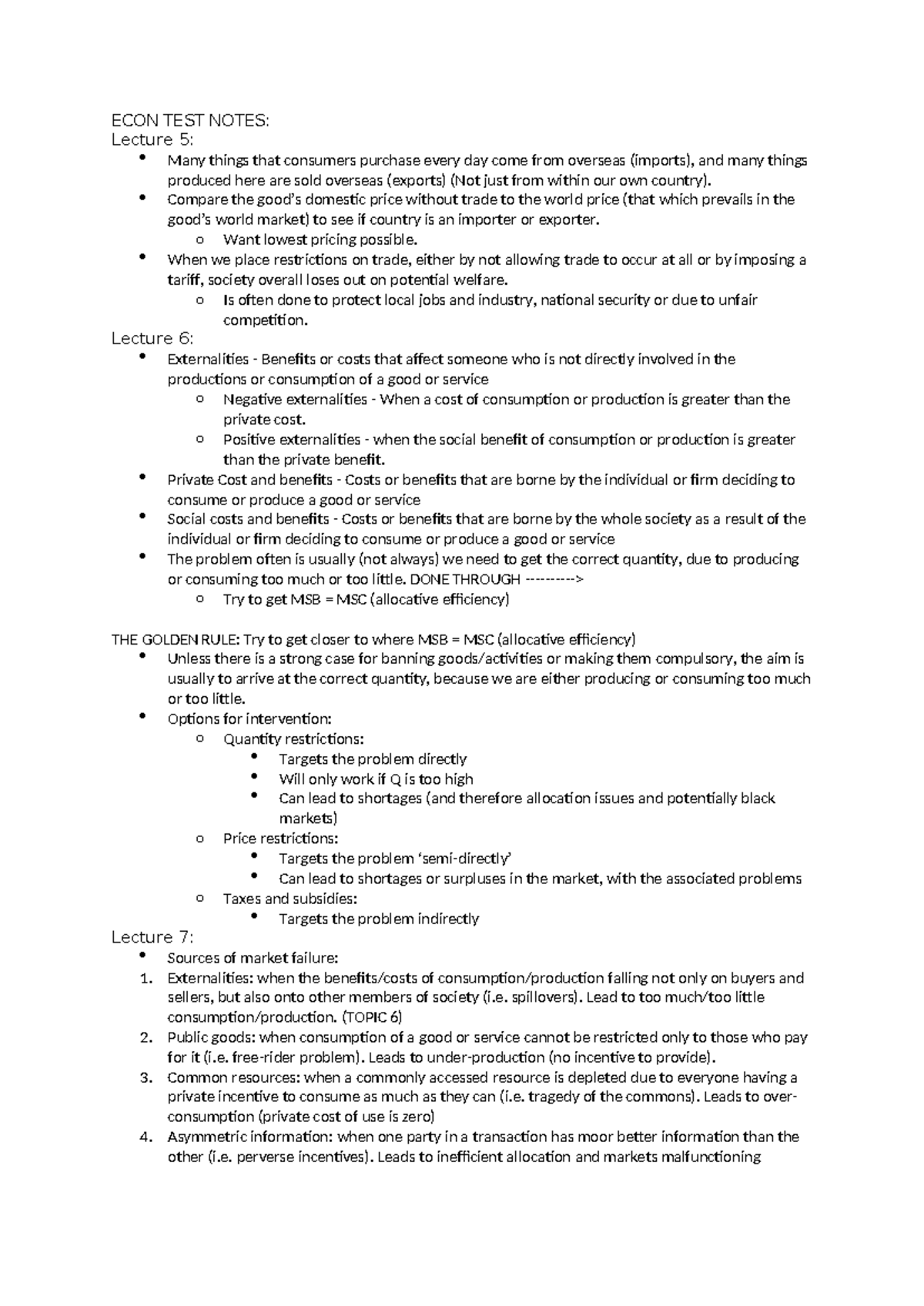ECON 101 Test Notes: Lectures on Trade, Externalities, and Market ...