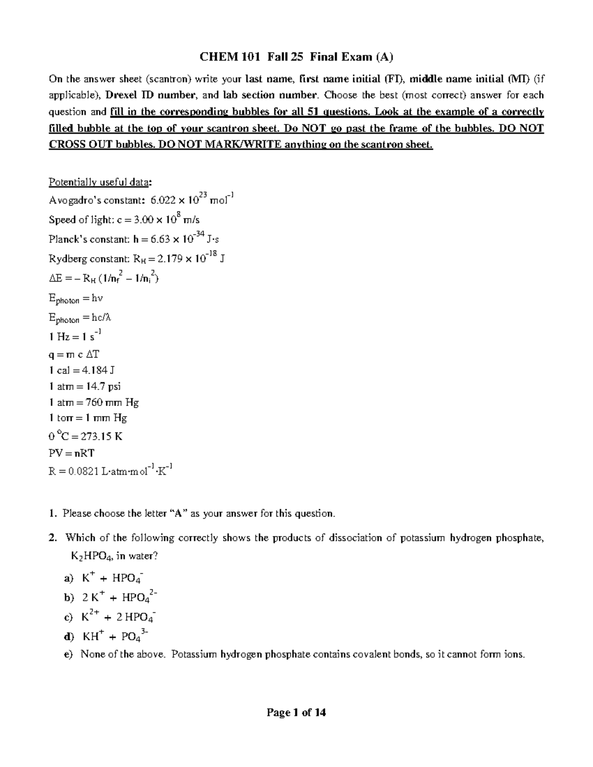 CHEM 101 Fall 25 Final Exam (A) with Answer Key - Studocu