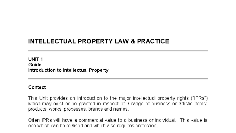 INTELLECTUAL PROPERTY LAW PRACTICE UNIT 1 Workshop Notes and Guide ...