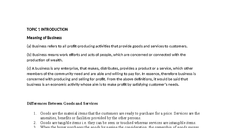 BUS 101: Topic 1 - Introduction to Business Concepts and Importance ...