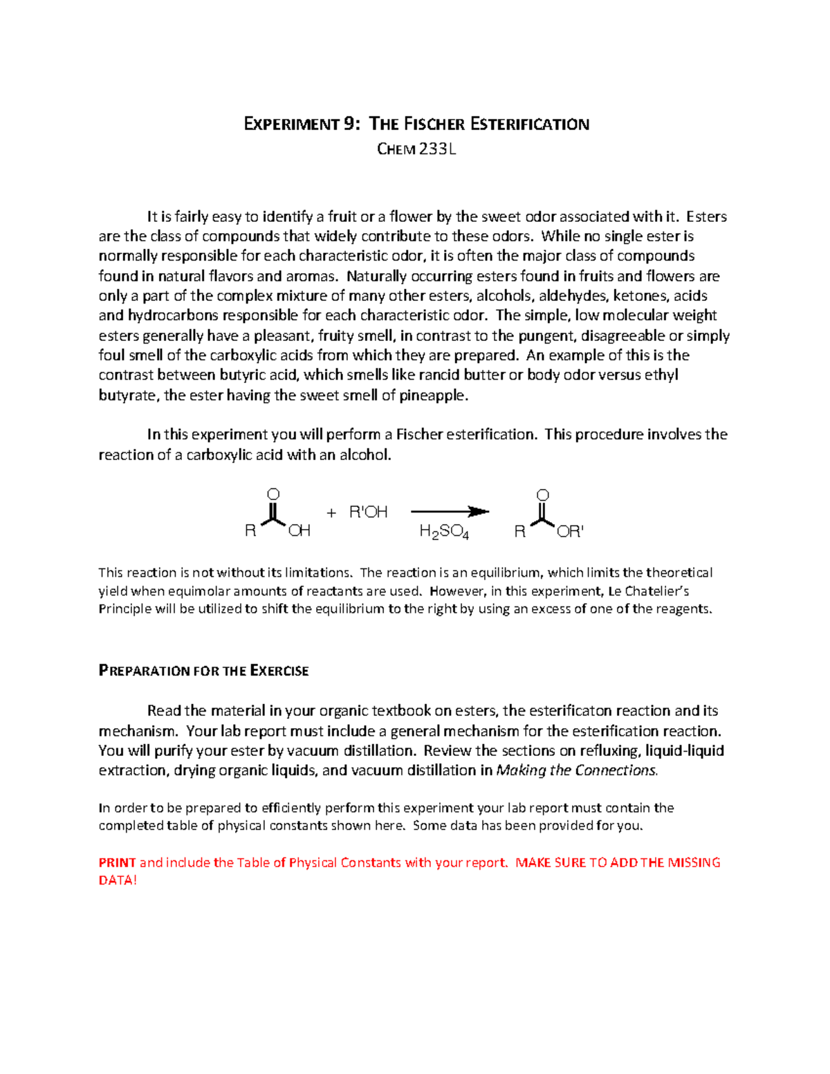Fischer Esterification Experiment: CHEM 233L Lab Report Guide - Studocu
