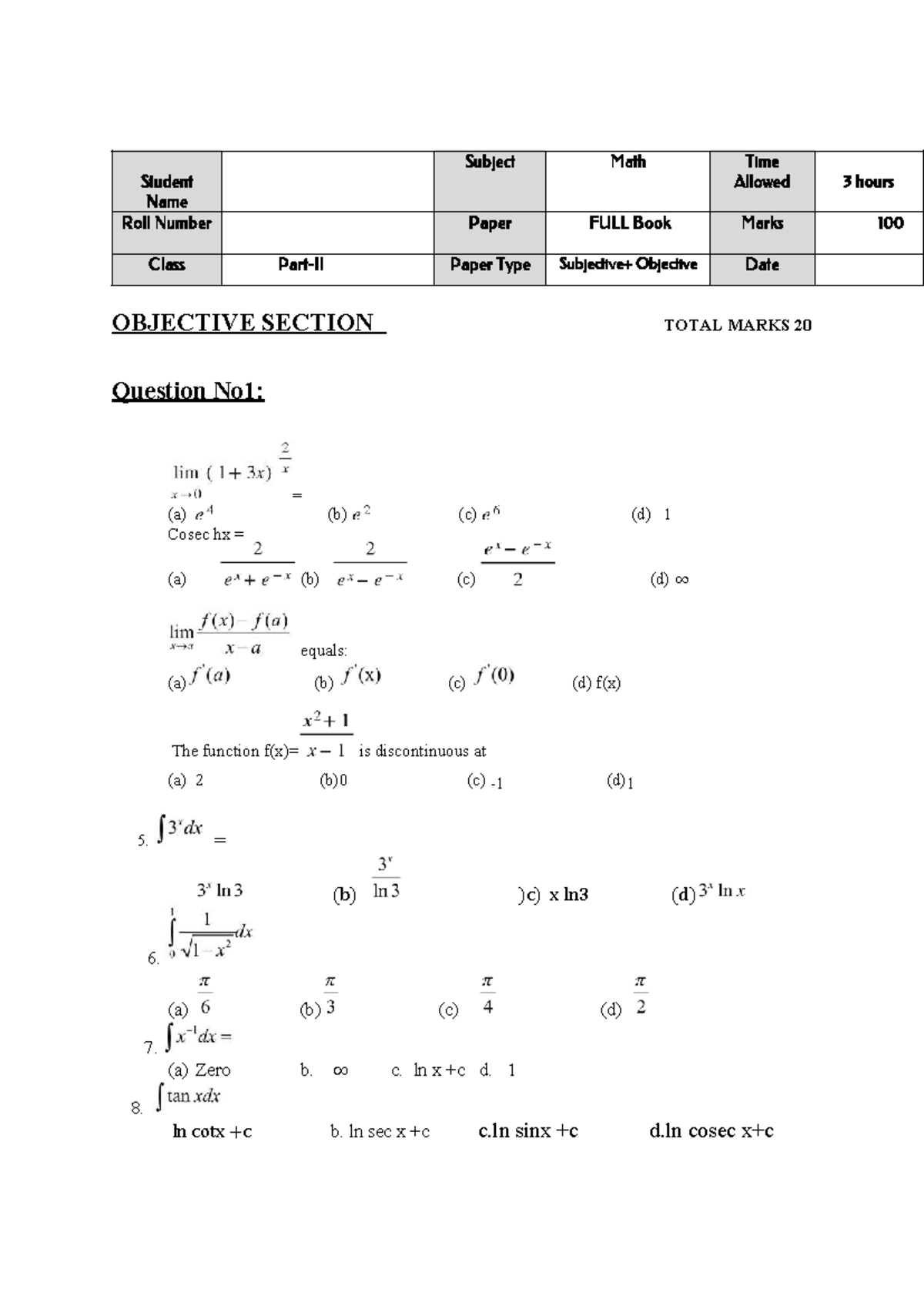 Math 2026 Full Book Exam Paper Part 2 - Objective Section - Studocu