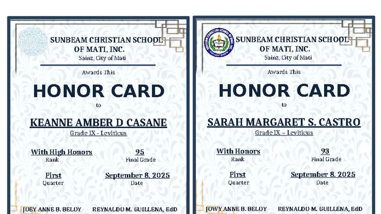 Grade IX Honor Card Awards - SUNBEAM CHRISTIAN SCHOOL - Studocu