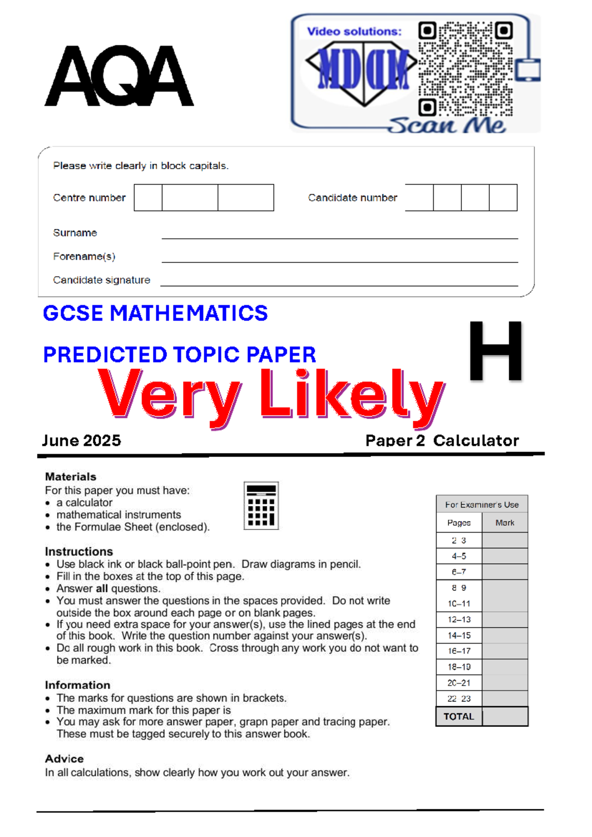 MDDM-2H GCSE Mathematics Predicted Topic Paper - June 2025 - Studocu
