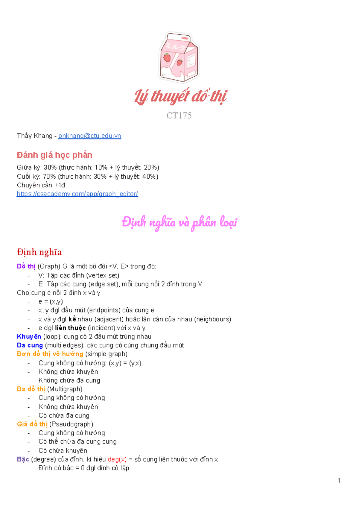 CT175 Ghi chú môn Lý thuyết Đồ thị - Tóm tắt trọng tâm - Document Preview