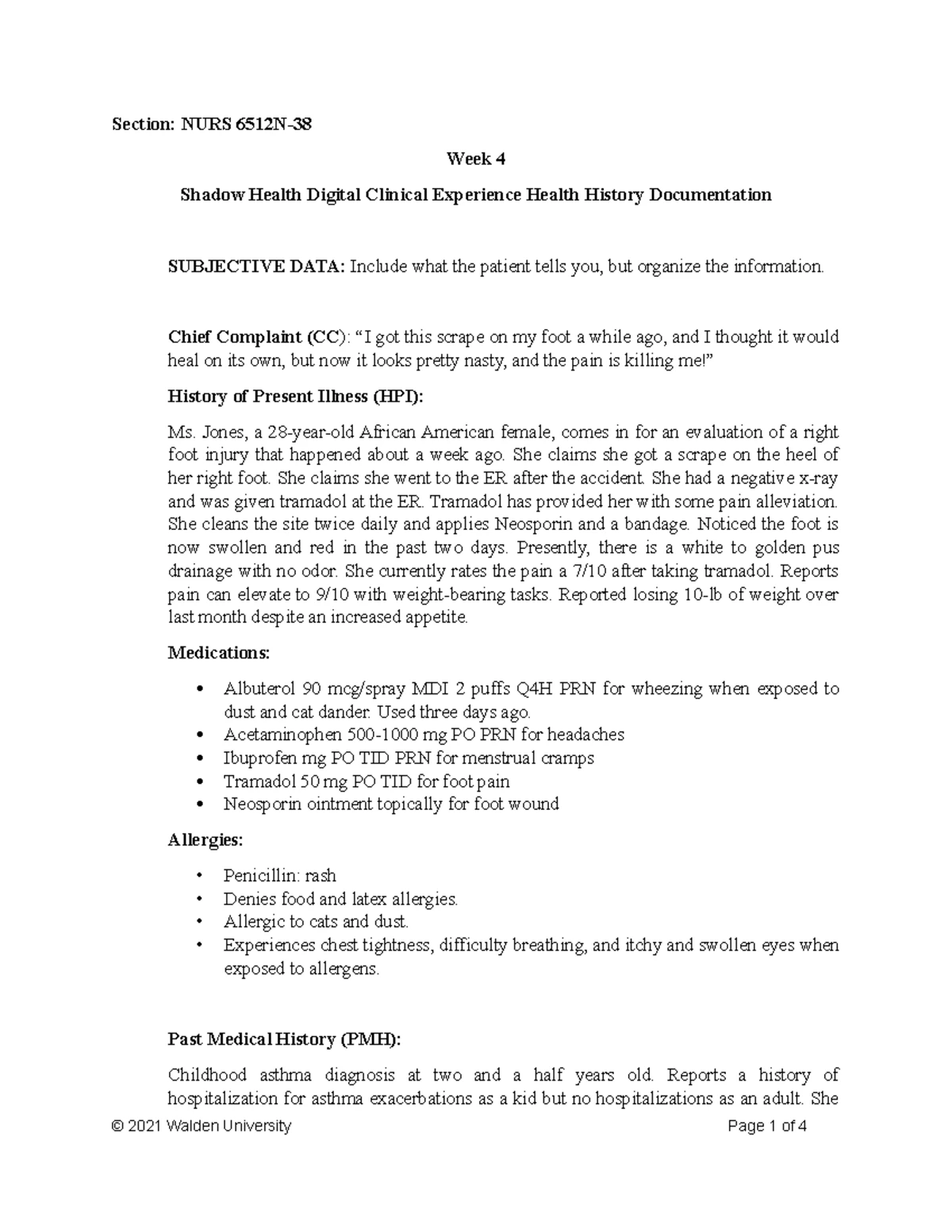 WK 4 Assgn 2 - Shadow Health Digital Clinical Experience Health History ...
