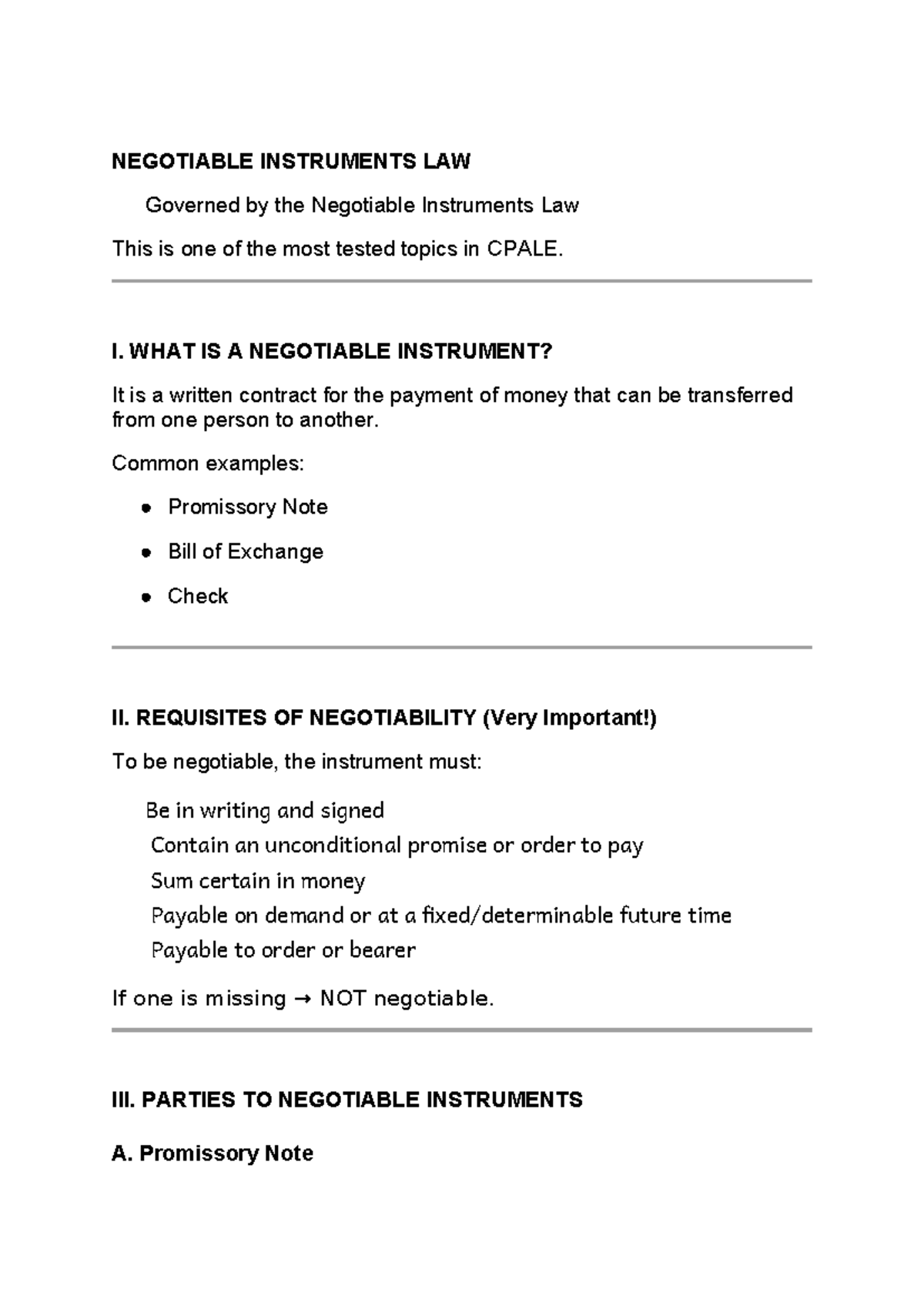 Negotiable Instruments Law Overview for CPALE Exam - Studocu