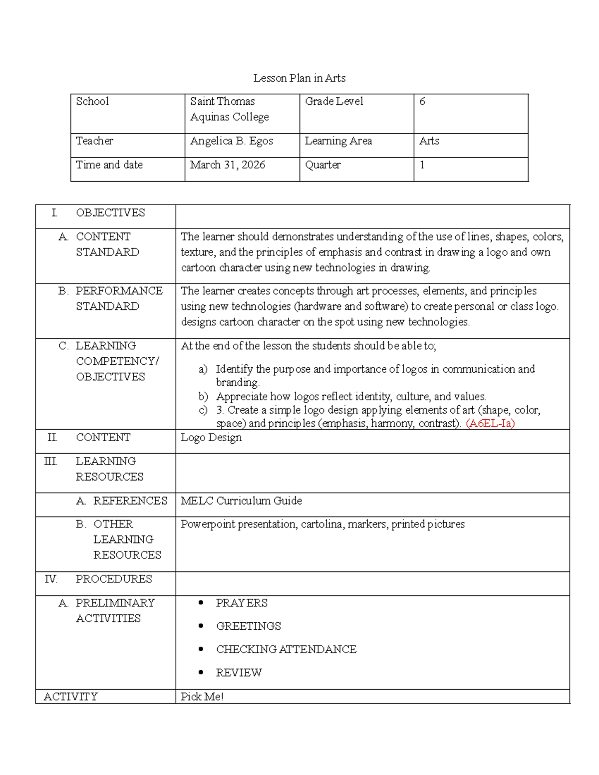 Lesson Plan for Arts I: Logo Design & Creation (Grade 6) - Studocu