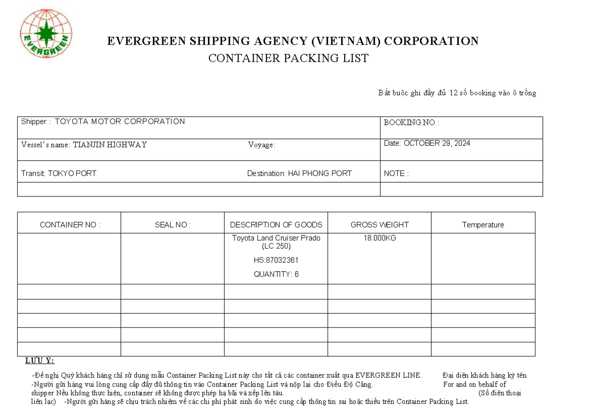 Evergreen 01 - Container Packing List for Toyota Shipment - Studocu