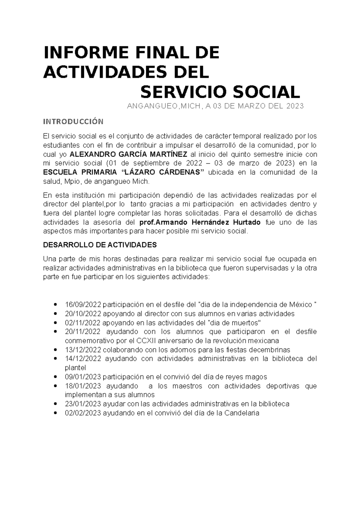 Informe Final de Actividades de Servicio Social - 2023 - Studocu