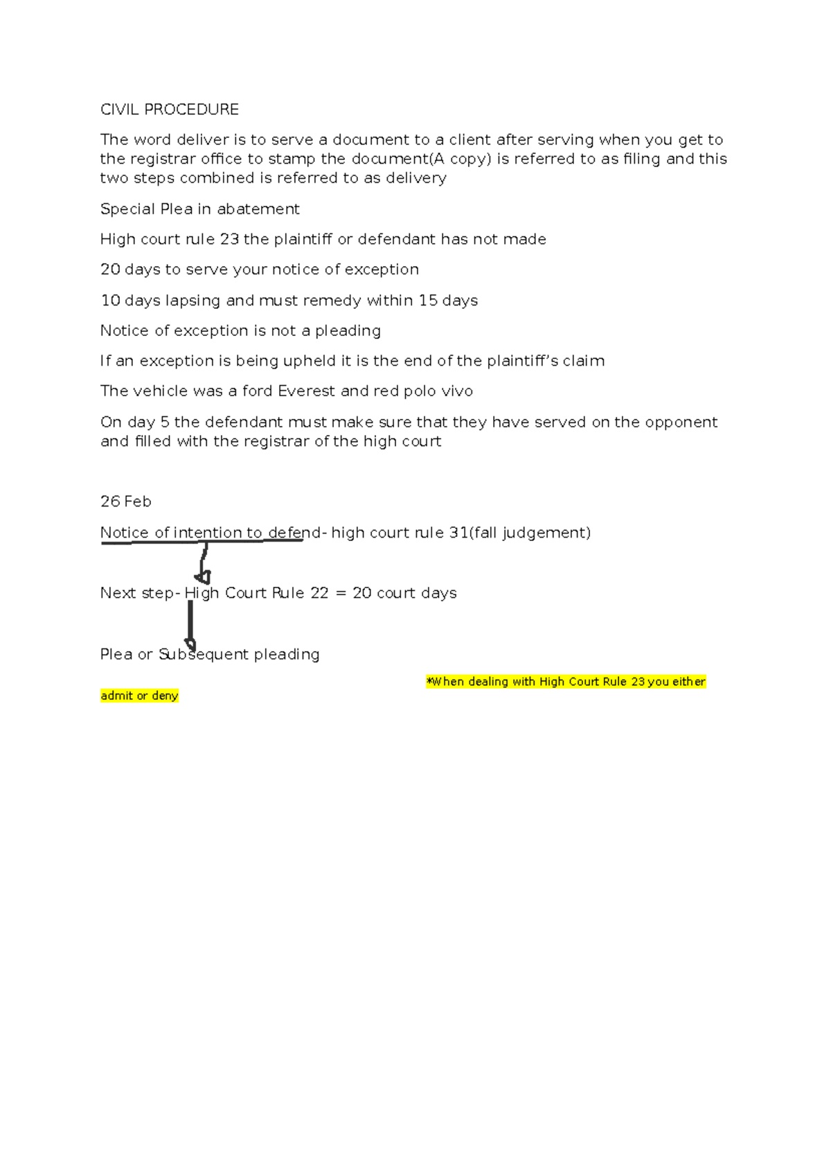 CIVIL PROCEDURE: Key Notes on Filing and Special Pleas - Studocu
