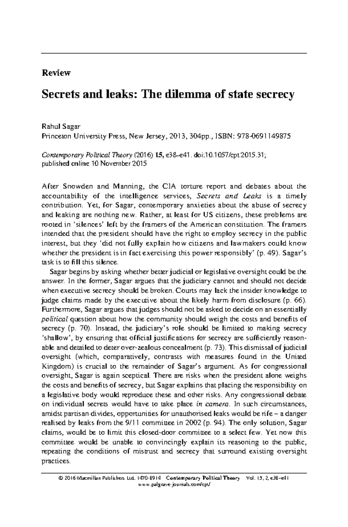 Secrets and Leaks: The Dilemma of State Secrecy in Contemporary ...