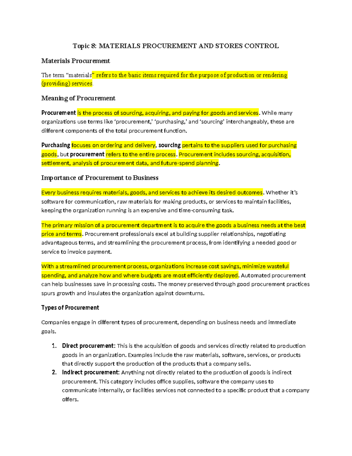Topic 8 - Materials Procurement & Stores Control Lecture Notes - Studocu
