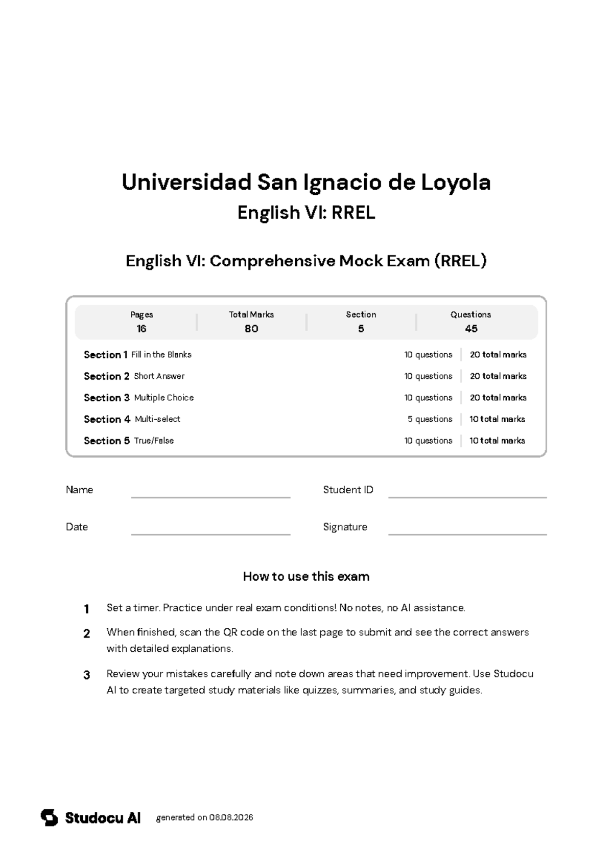 English VI: Comprehensive Mock Exam (RREL) - Studocu