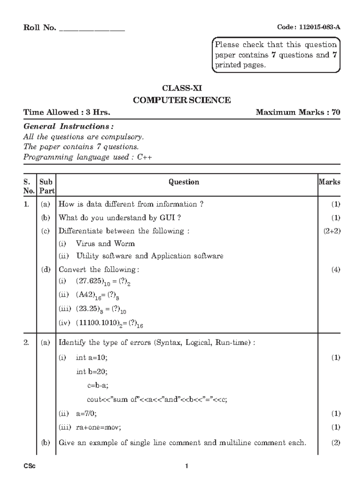 Class 11 Computer Science Important Programs & Preparation Guide - Studocu