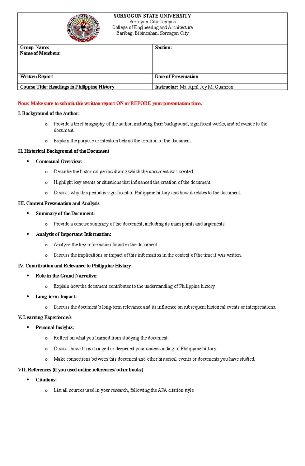 RPH Written Report Template: Analyzing Historical Context & Impact ...