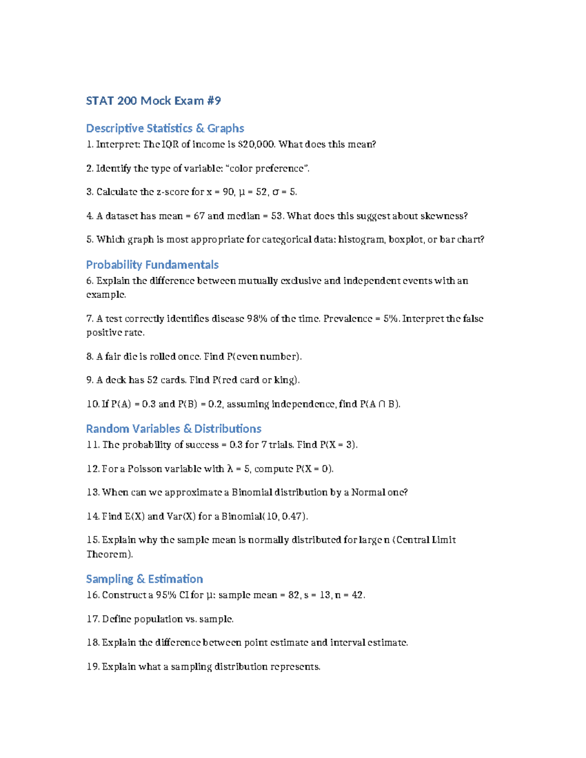 STAT 200 Mock Exam: Descriptive Stats & Probability Concepts - Studocu