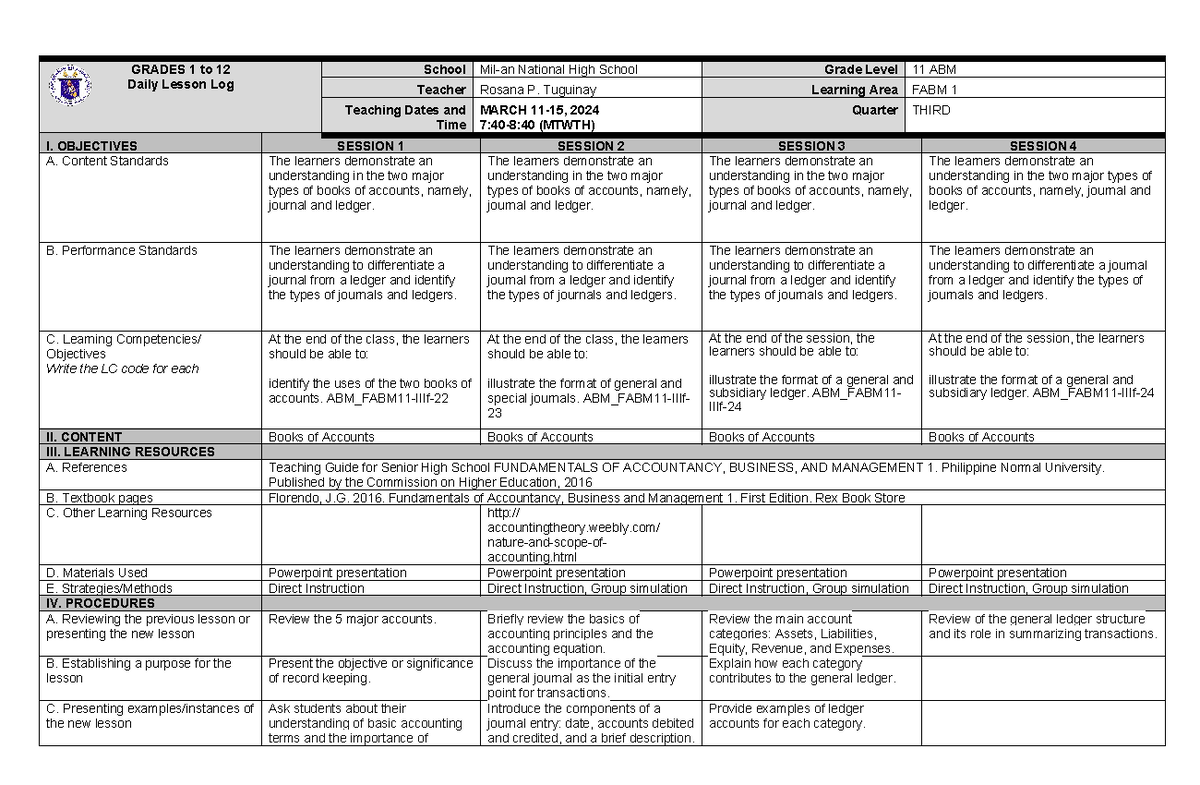 Lesson Plan for FABM 1: Understanding Journals and Ledgers (Mar 11-15 ...