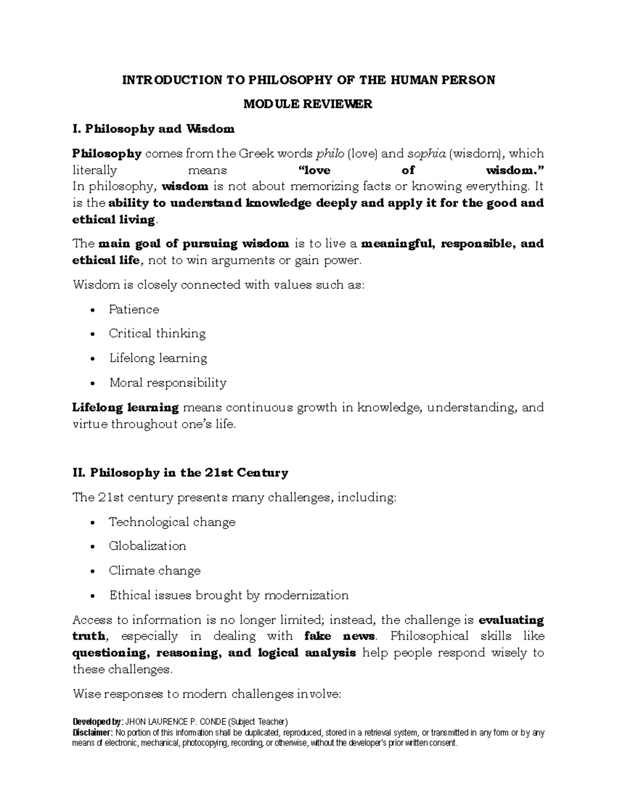 PHIL 101: Introduction to Philosophy of the Human Person Module ...