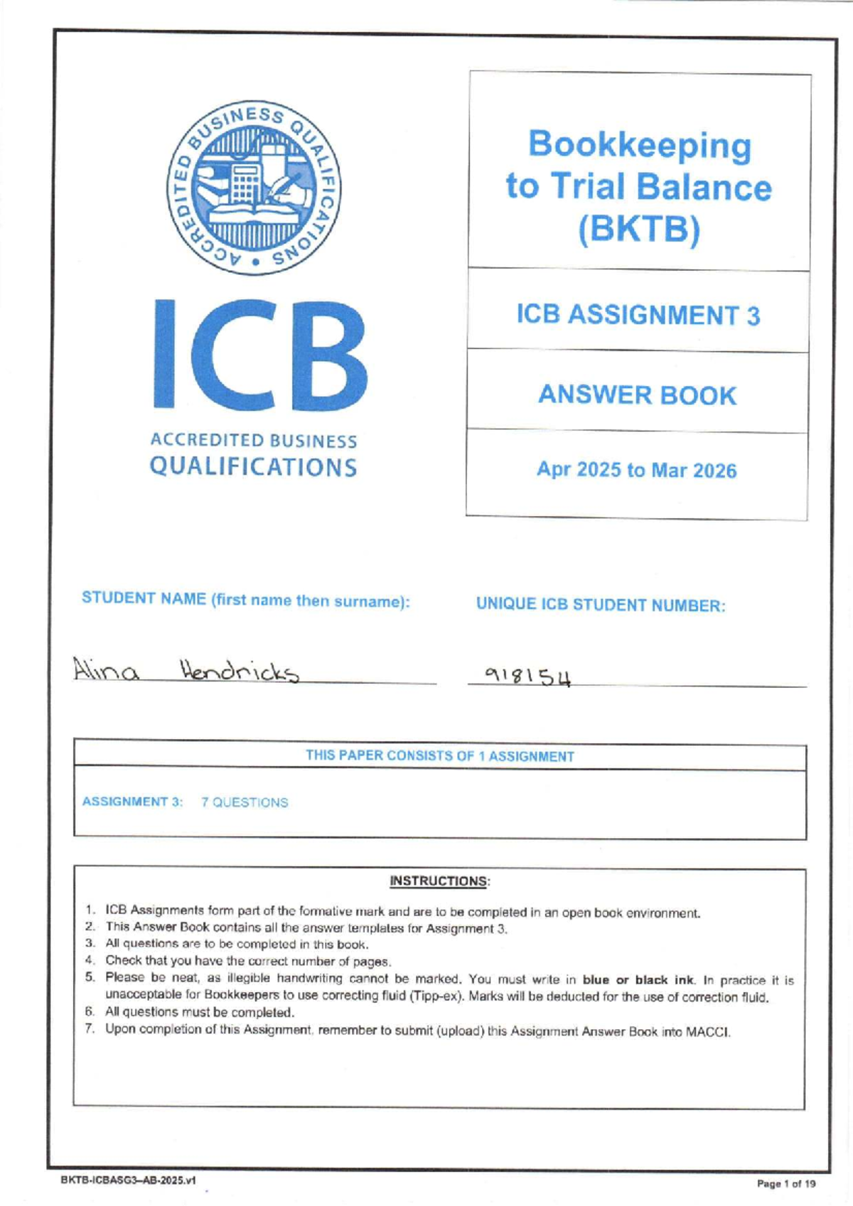 Bookkeeping to Trial Balance (BKTB) ICB Assignment 3 Answer Book - Studocu