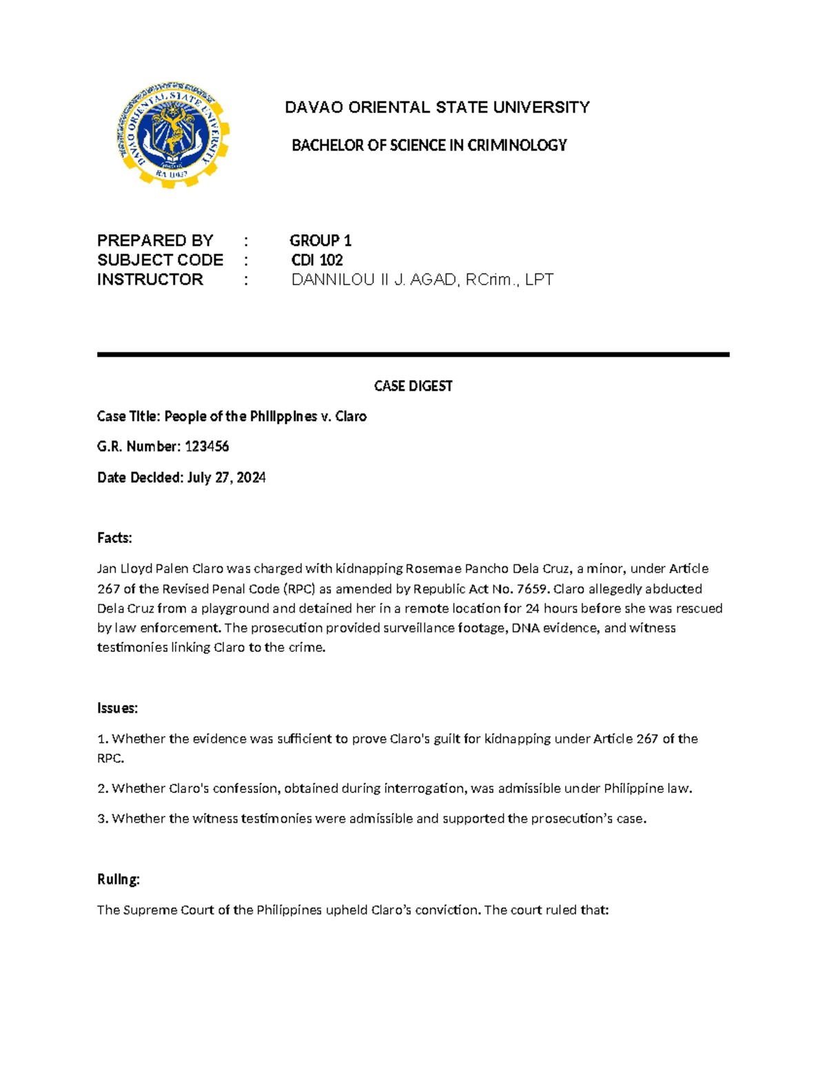 CDI 102 Case Digest: People of the Philippines v. Claro Analysis - Studocu