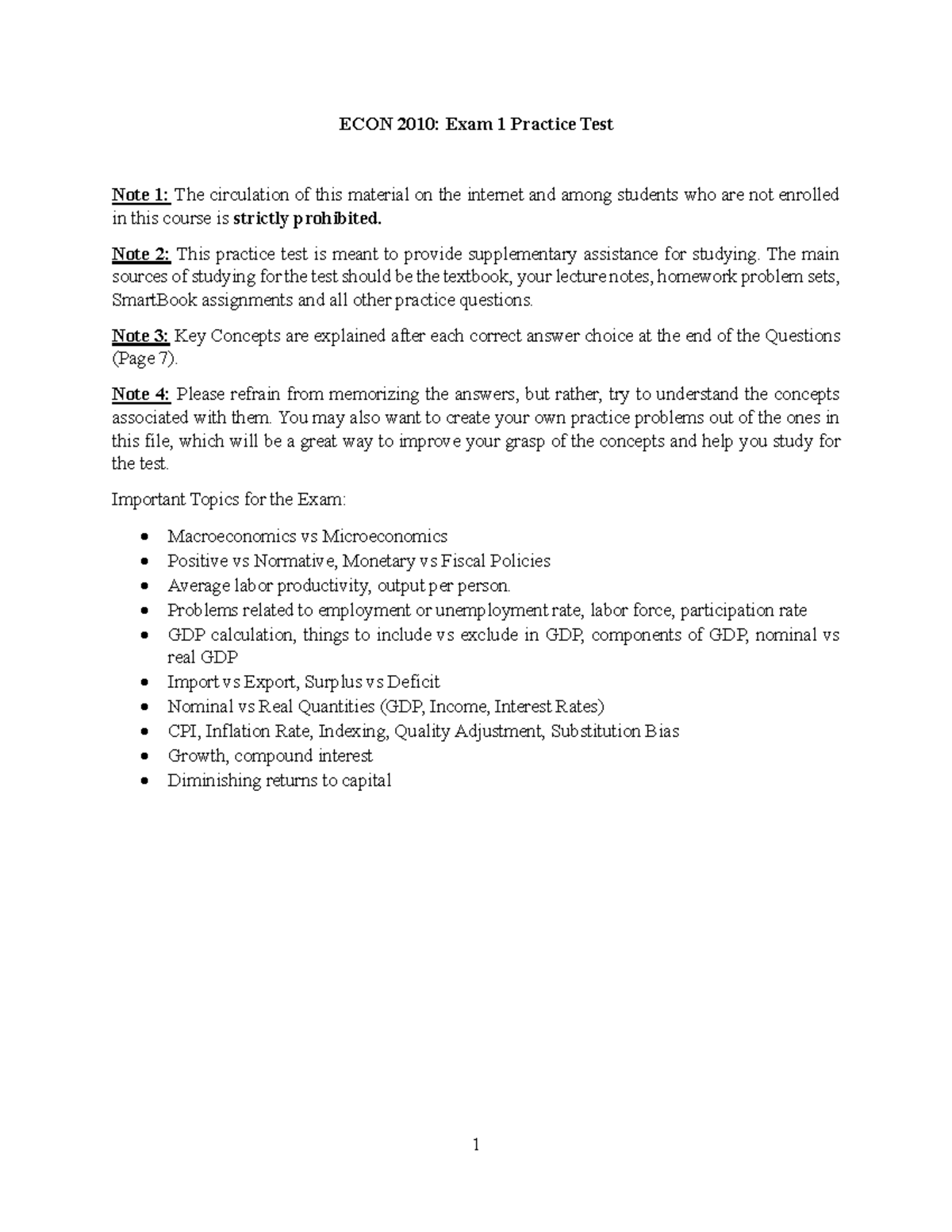 ECON 2010: Exam 1 Practice Test with Key Concepts & Solutions - Studocu