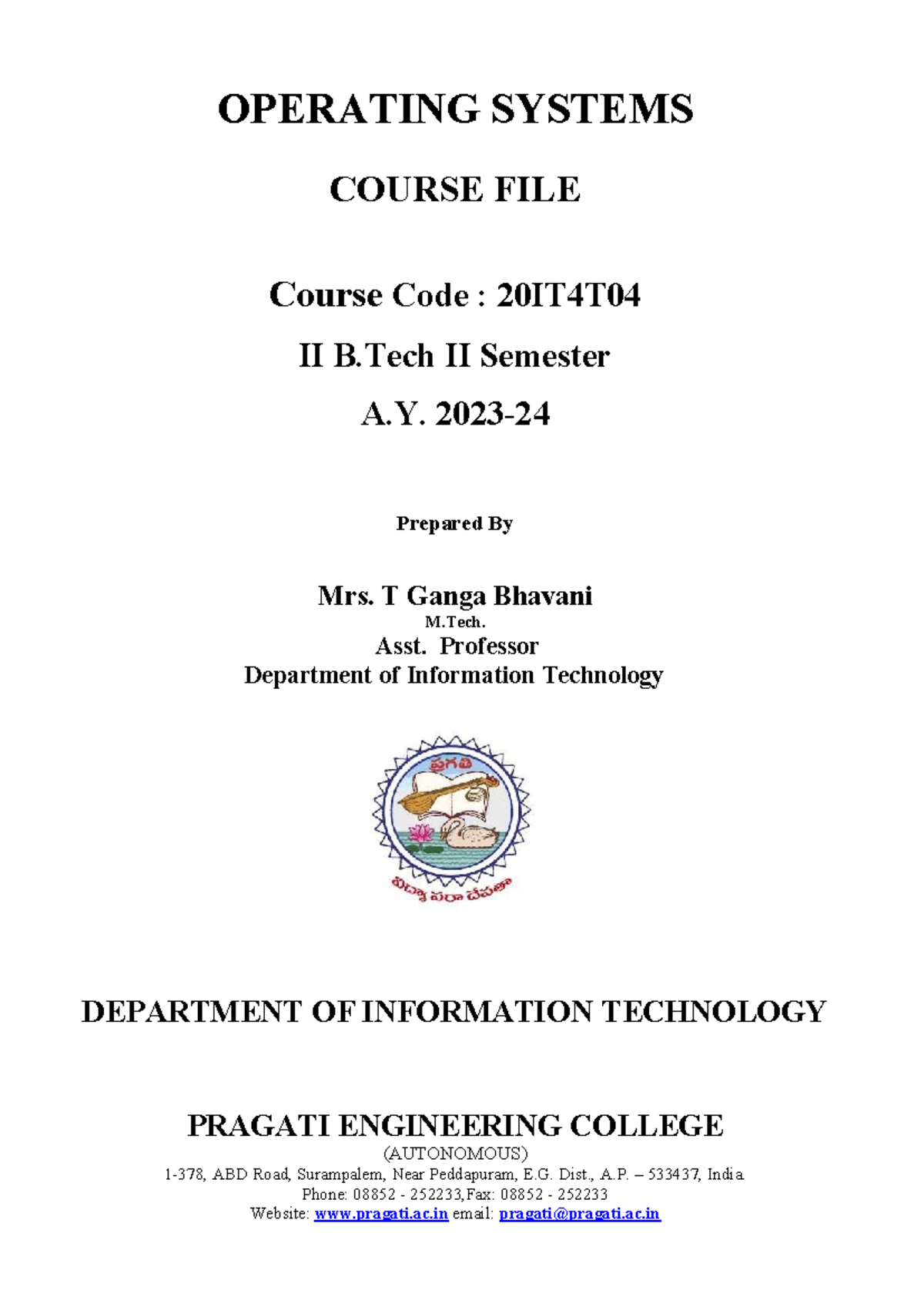OS Course File 20IT4T04 - II B.Tech II Sem A.Y. 2023-24 - Studocu