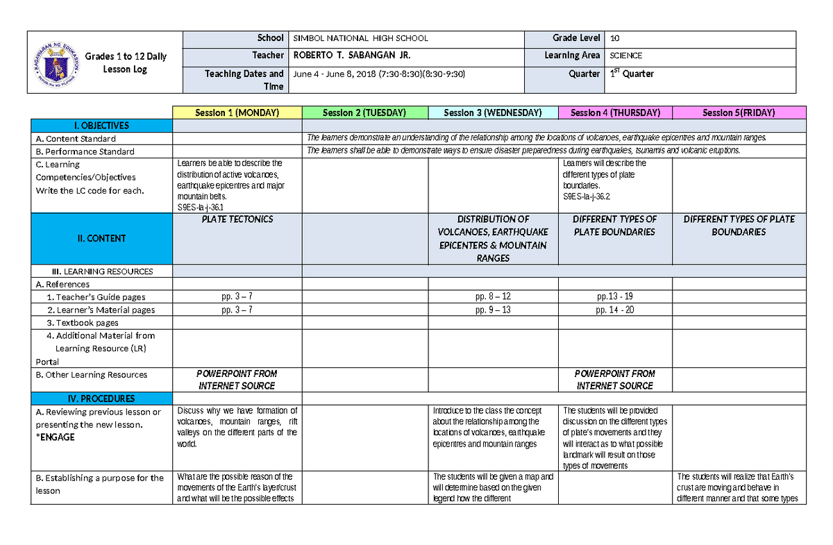 Daily Lesson Log: Science 10 - Plate Boundaries & Earth Structure Q1 ...