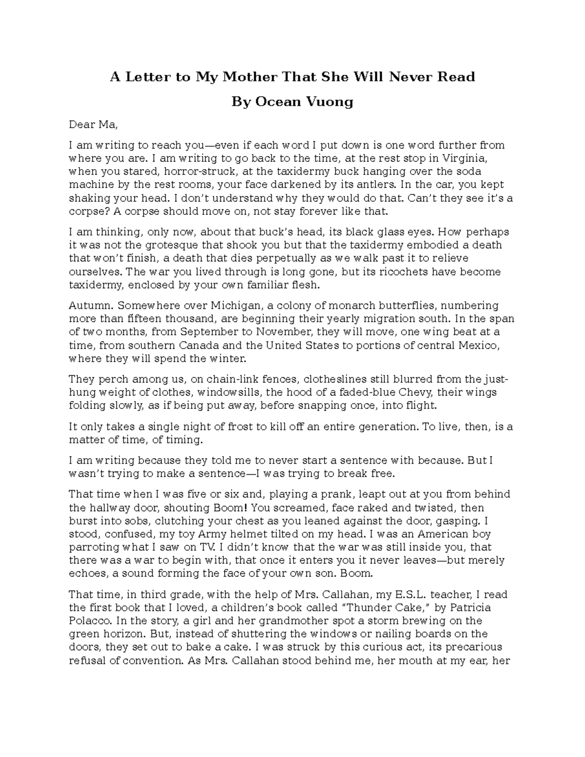 Ocean Vuong's 'A Letter to My Mother' - A Poignant Reflection - Studocu