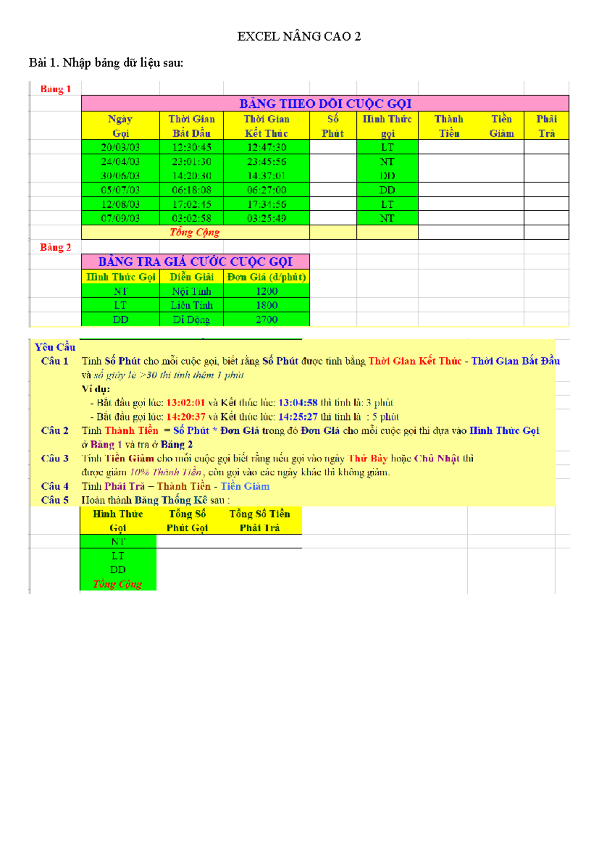 BAI TAP Excel NÂNG CAO 2 - Tin học ứng dụng - EXCEL NÂNG CAO 2 Bài 1 ...