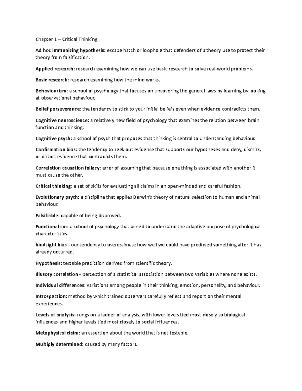 Psyc 1100 - Chapter 1 & 2 Study Notes on Critical Thinking and Research ...