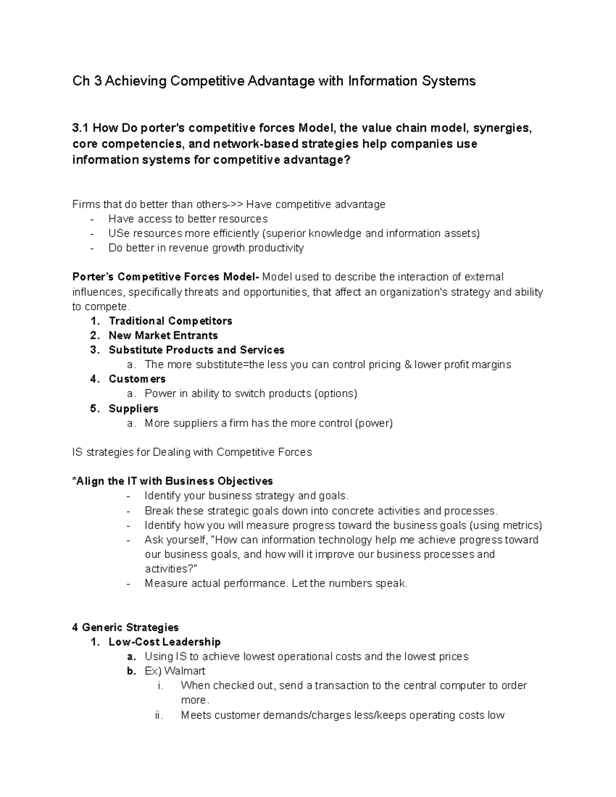 IS Ch 3 Notes - Ch 3 Achieving Competitive Advantage with Information ...