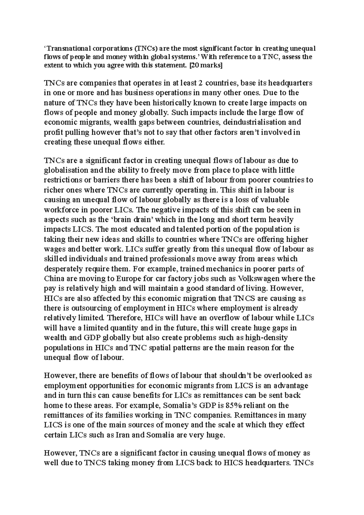Assessing the Impact of TNCs on Global Inequalities - 20 Mark Essay ...