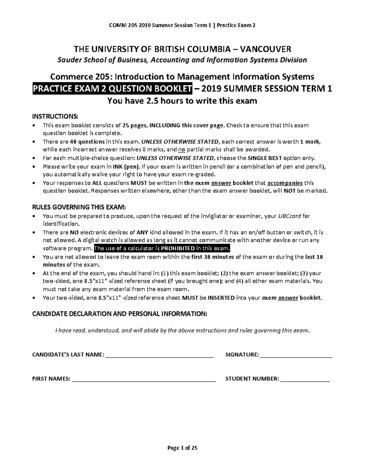 **COMM 205 2019 S1 Practice Exam 2 Complete Question Booklet** - Studocu