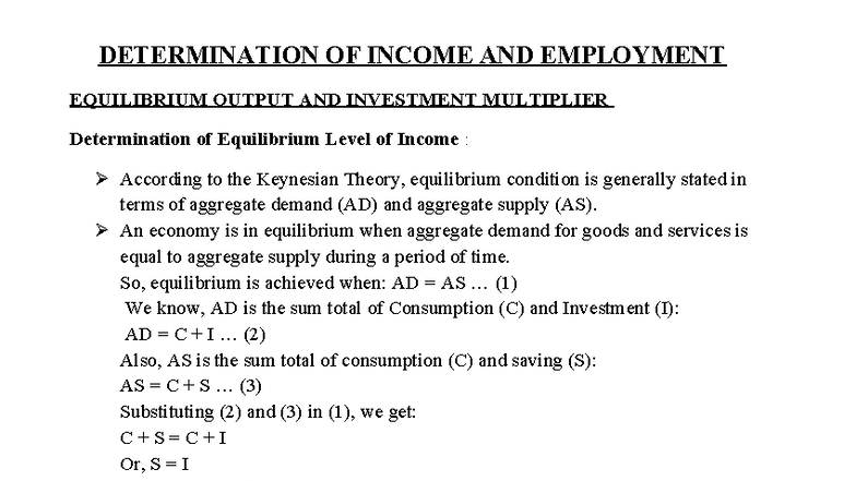 Equilibrium Level of Income & Investment Multiplier Analysis - Studocu