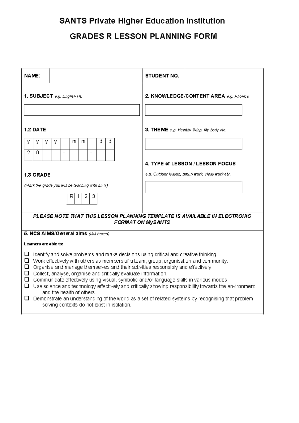 R-WIL Grades R Lesson Planning Template for Effective Teaching - Studocu