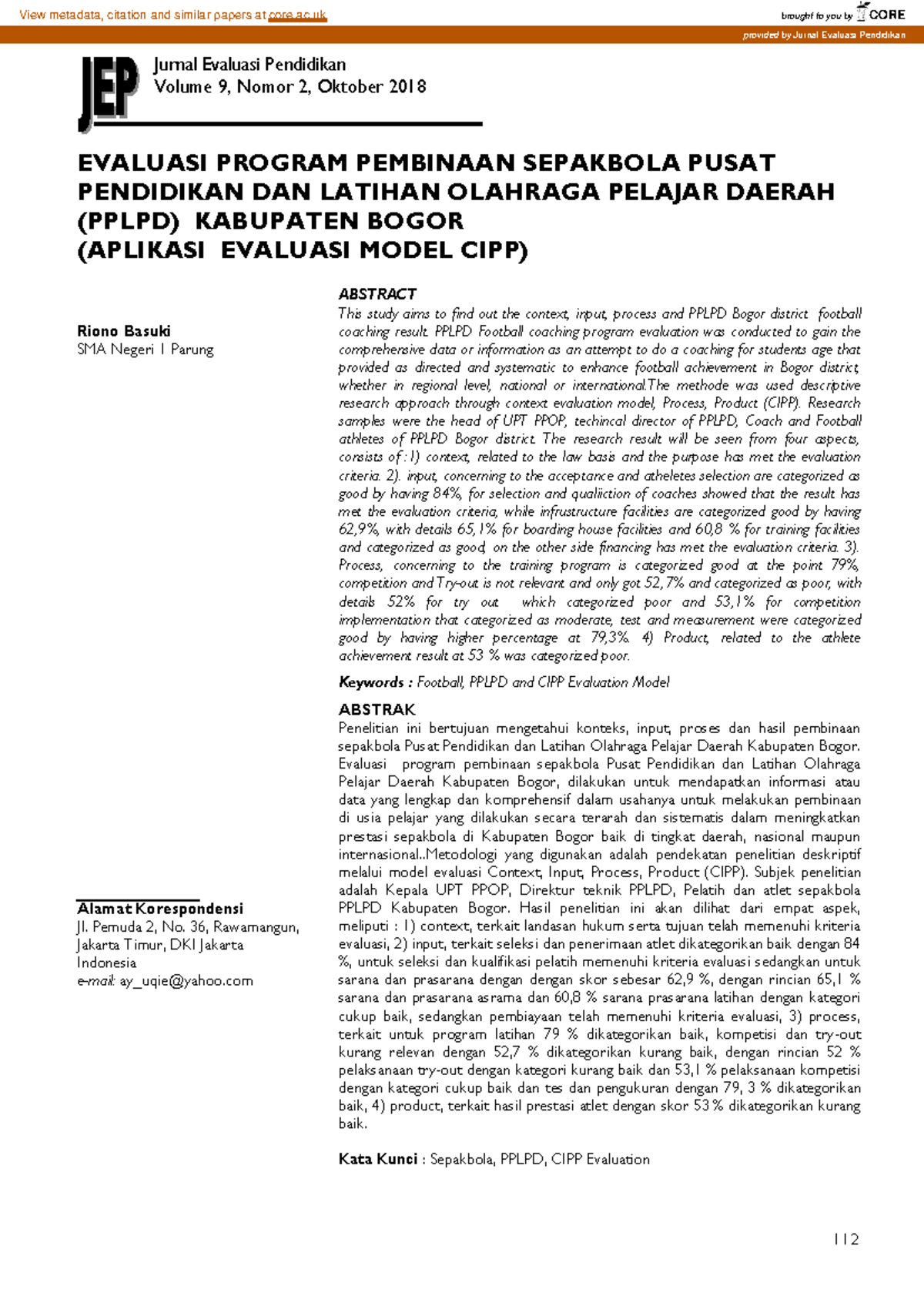 Evaluasi Program Pembinaan Sepakbola PPLPD Kabupaten Bogor (Model CIPP ...