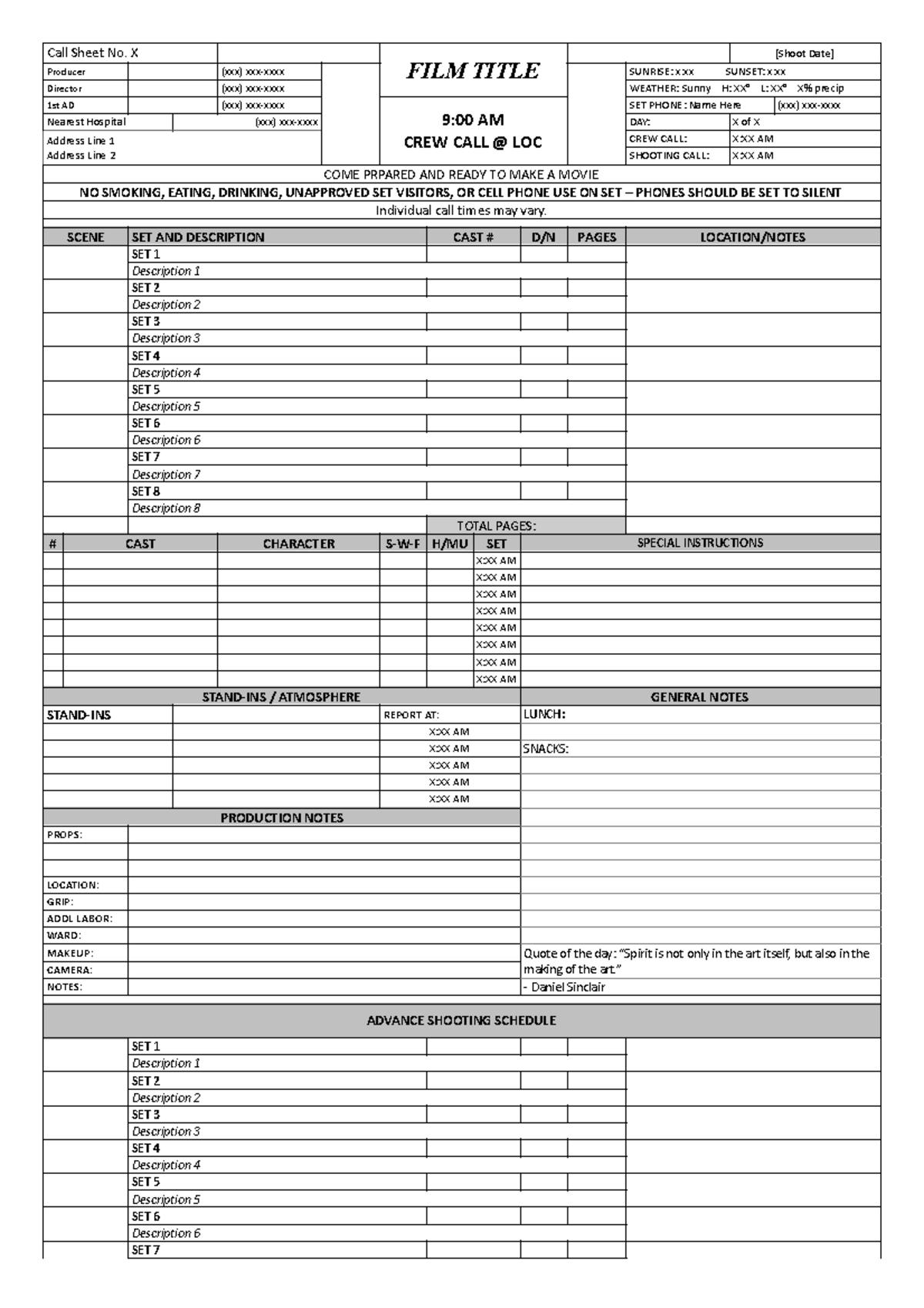 CALL Sheet Template for Film Production - Studocu