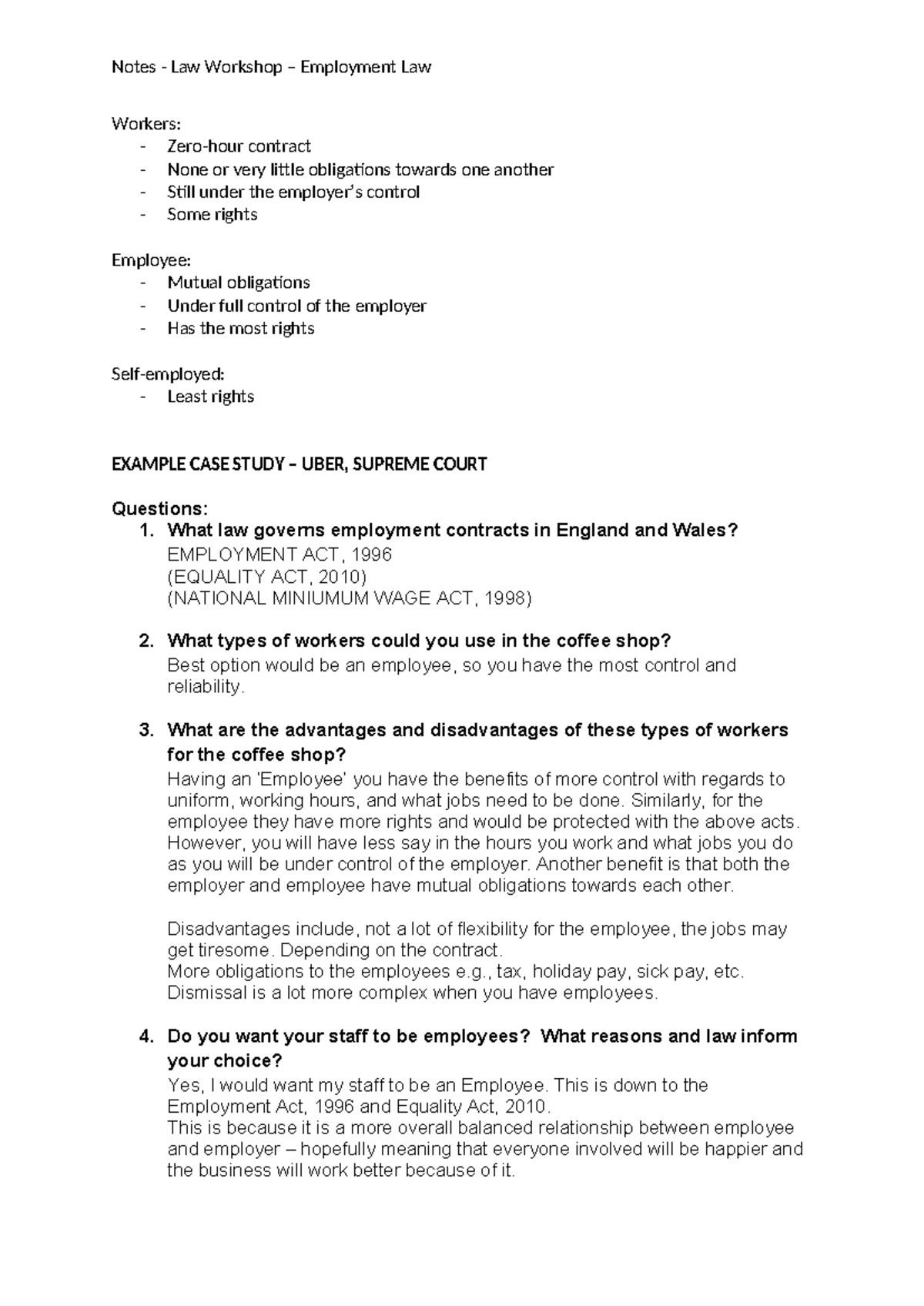 Employment Law Workshop Notes - Key Concepts and Case Studies - Studocu