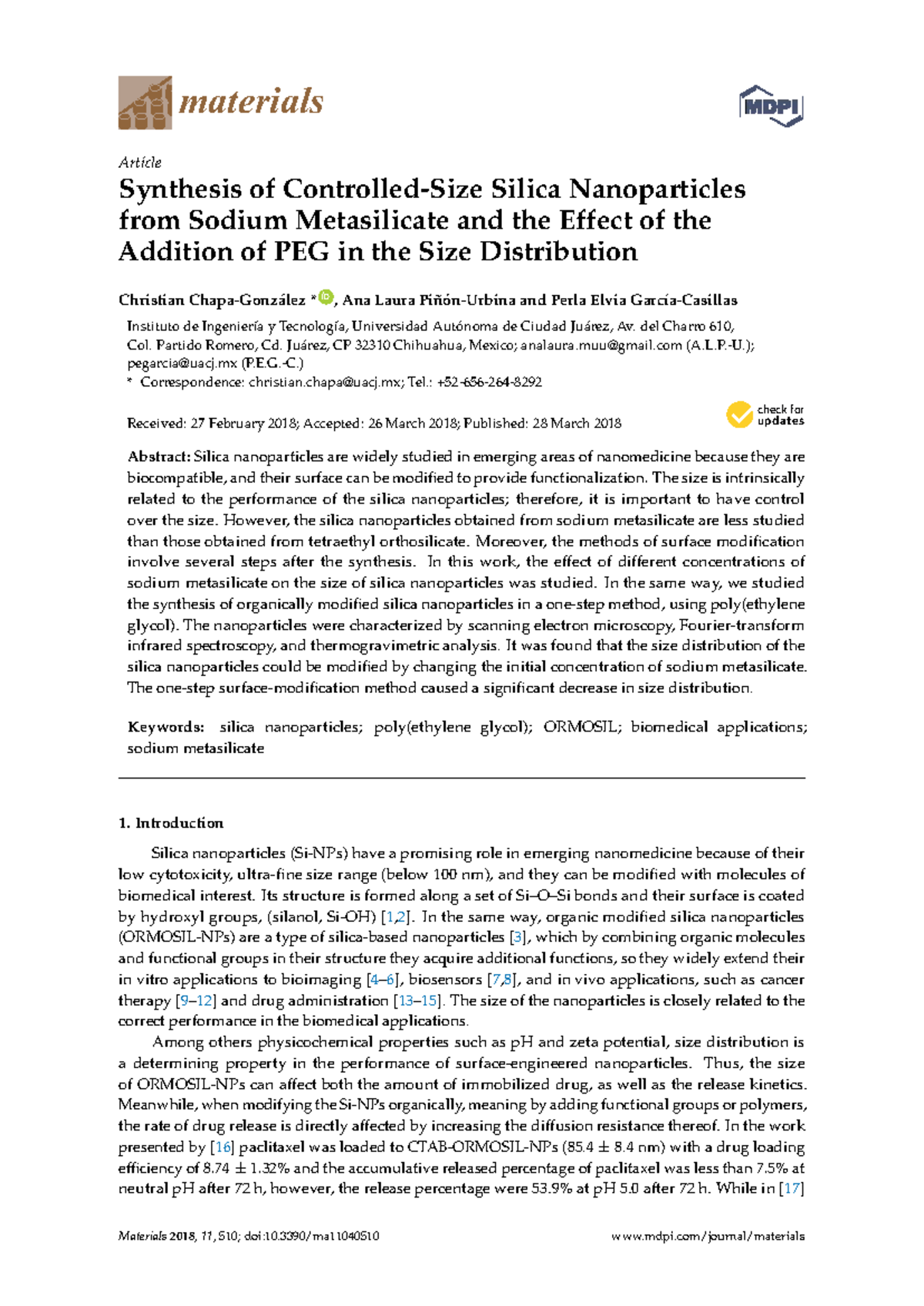Synthesis of Silica Nanoparticles from Sodium Metasilicate: Effects of ...