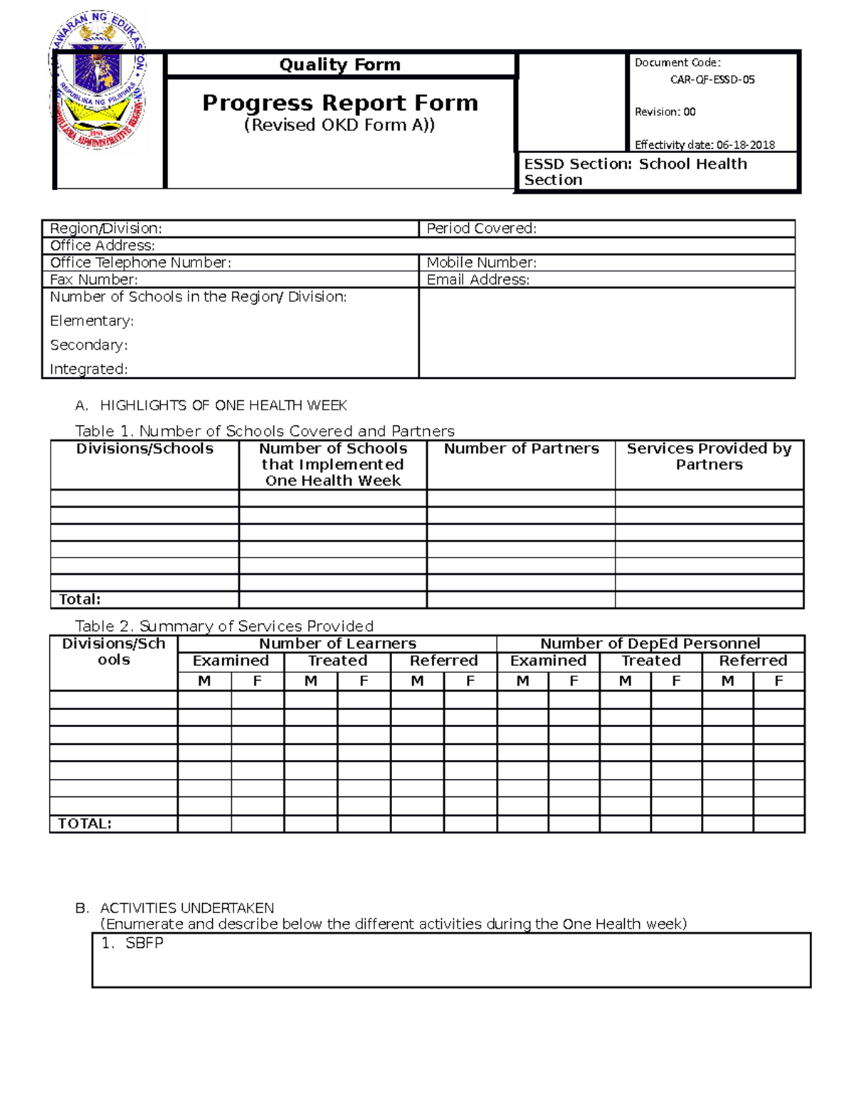 Revised OK sa Dep Ed Forms 2019 - Quality Form Document Code: CAR-QF ...