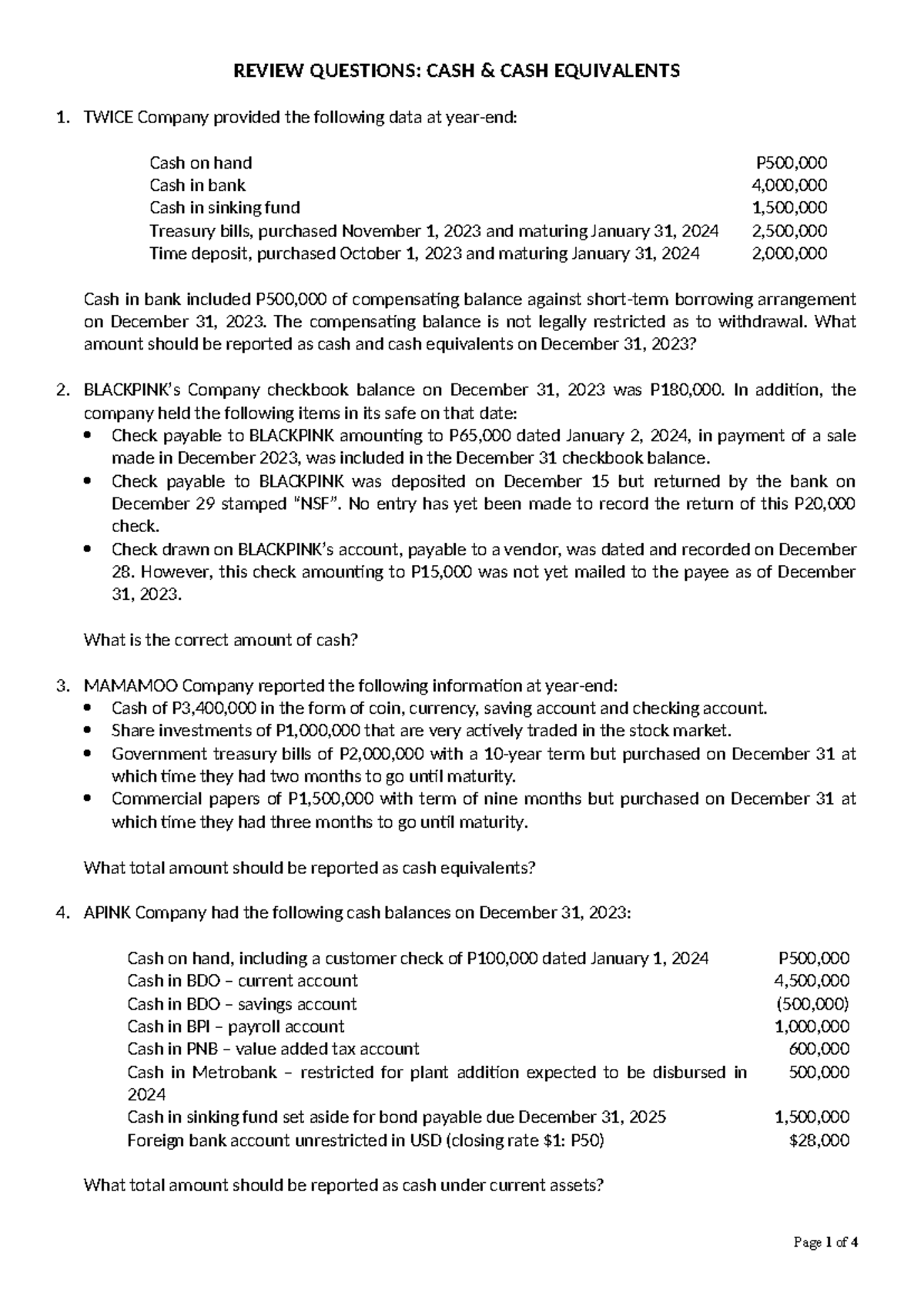 Review Questions Cash and Cash Equivalents Student Copy-1 - REVIEW ...