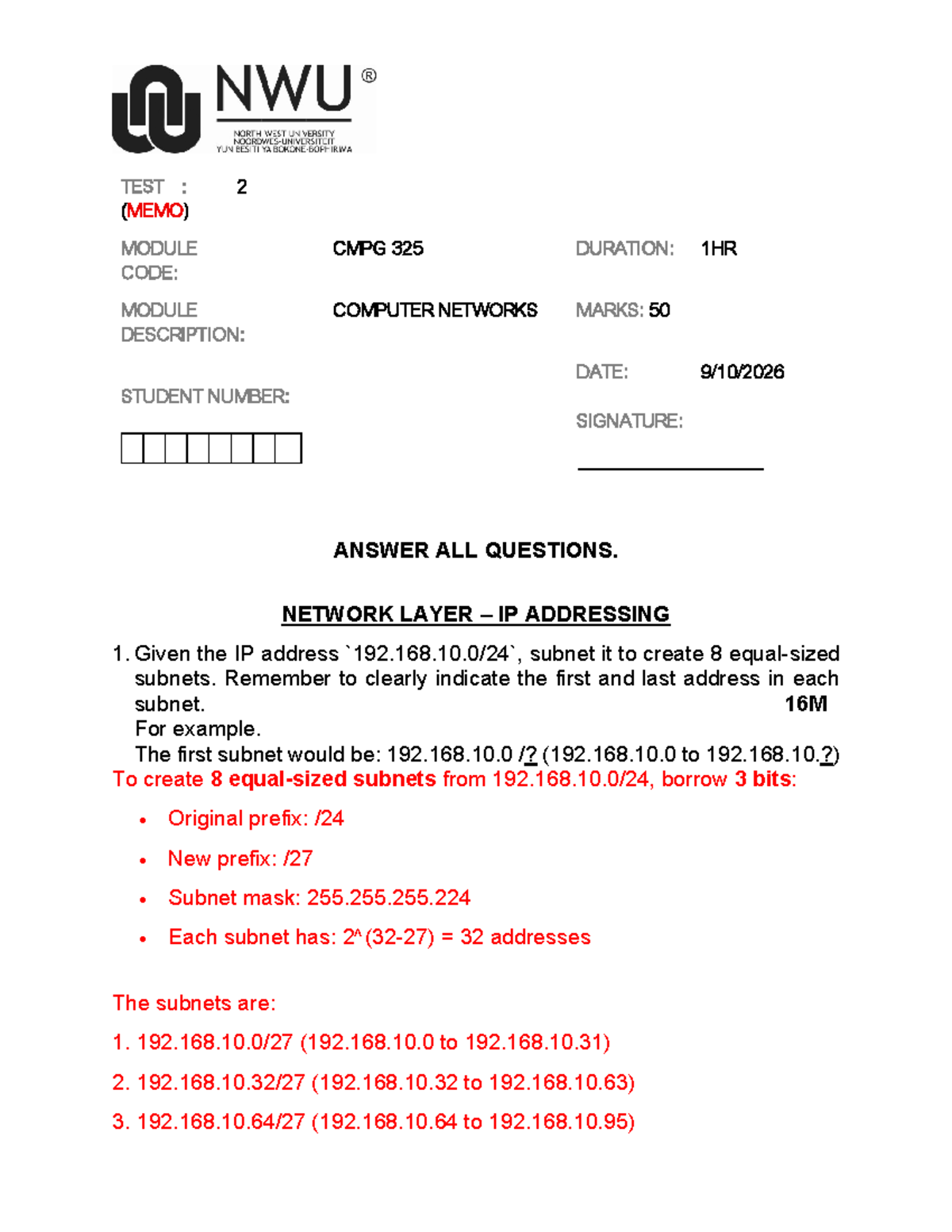 CMPG 325 TEST 2 MEMO: COMPUTER NETWORKS SUBNETTING & ACCESS CONTROL ...